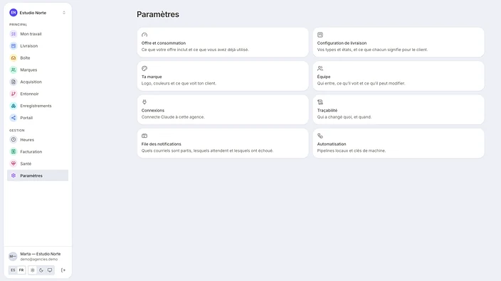 Réglages du CRM pour agences : la barre latérale avec ses douze modules et les cartes de configuration, dont « Connexions — connecte Claude à cette agence ».