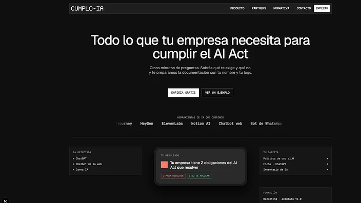 Page d’accueil de Cumplo-IA : « Tout ce dont votre entreprise a besoin pour respecter l’AI Act », avec l’IA détectée dans l’entreprise, le résultat du diagnostic et le dossier de documents générés.