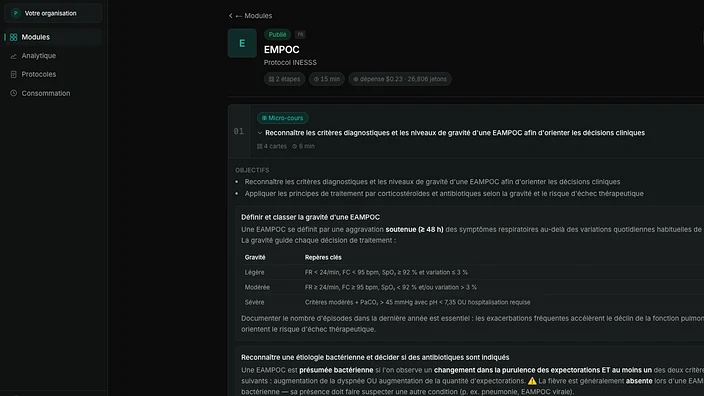 Tableau de bord de Nursio pour établissements : le module EMPOC généré à partir d’un protocole de l’INESSS, avec ses étapes, sa durée et le coût en jetons de sa génération.