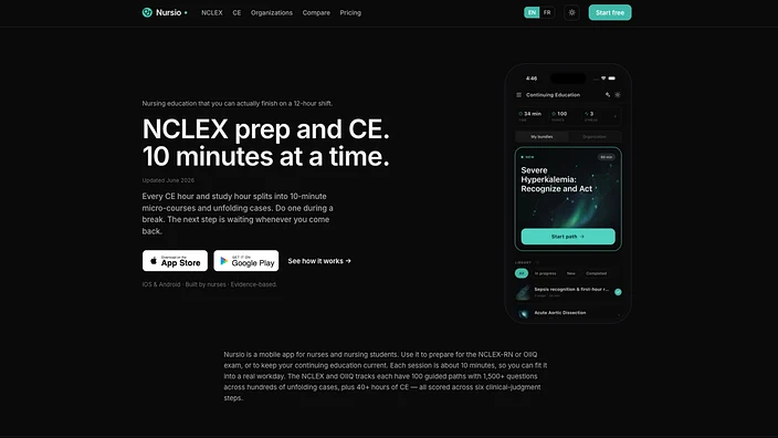 Page d’accueil de Nursio : « NCLEX prep and CE. 10 minutes at a time », avec l’application montrant un parcours sur l’hyperkaliémie grave et la bibliothèque de cas.