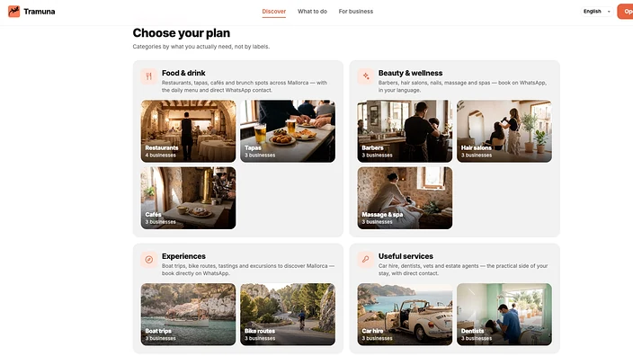 Site de Tramuna : les catégories de l’annuaire de Majorque —manger et boire, beauté, expériences et services— avec photo et nombre de commerces dans chacune.